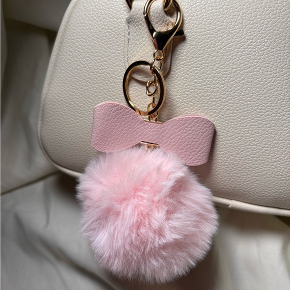 Light Pink Fluffy Rhinestone Bow Pom Pom Keychain Bag Charm - Picture 2 of 2